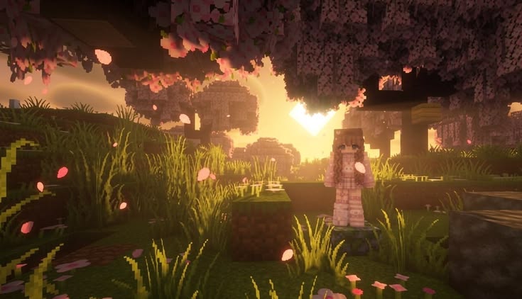 A player standing under glowing cherry-blossom trees at golden sunset