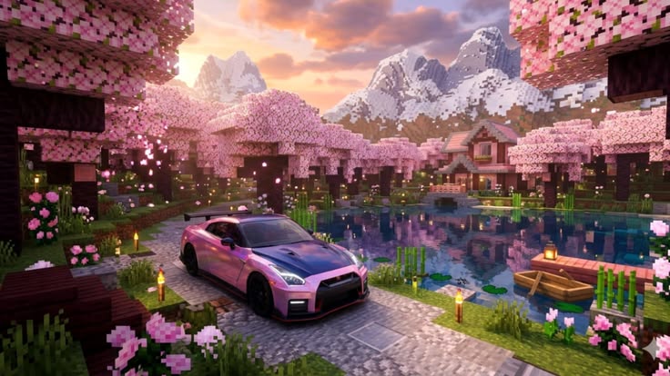 A sleek pink sports car parked in a cherry-blossom village by a pond